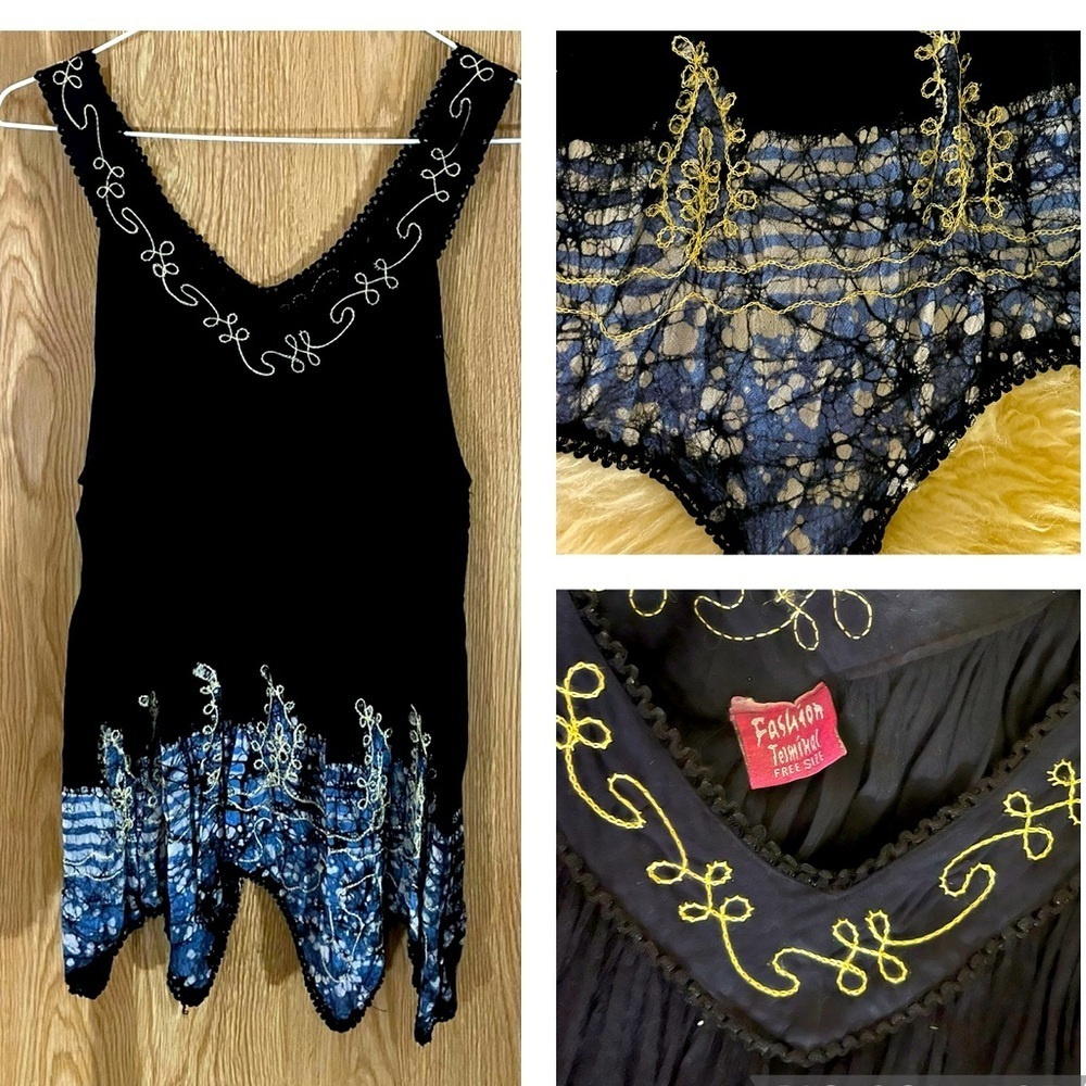 Navy Blue Swing Embroidered Tie Dye Swing Sleeveless Tunic Top